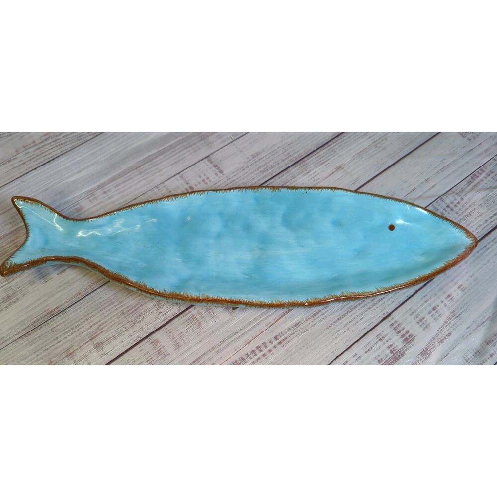 Blue Aqua Ceramic Fish Shaped Serve Ocean Decor Trinket Dish 16"L, 5"W, 1 1/2"H